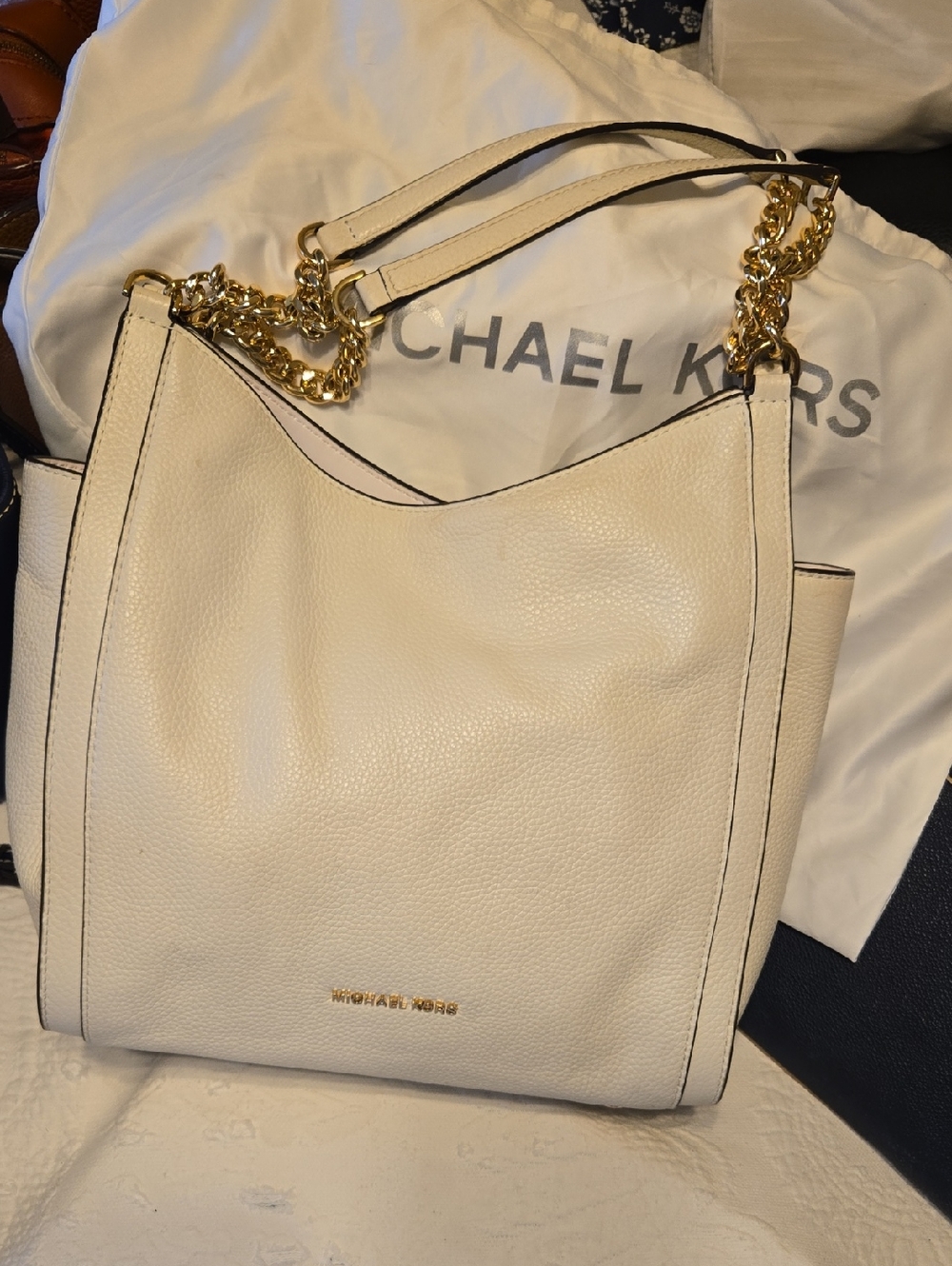 Michael Kors Ivory Pebbled Leather Shoulder Bag with Gold Chain Straps